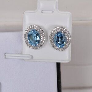 3ct Natural Swiss Blue Topaz Double Halo Oval  Earrings 925 Sterling Silver